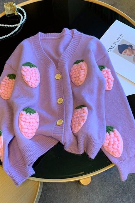 Design Sense Pink Three Dimensional Strawberry Knitted Sweater Women Autumn Lazy Style Long Sleeved Cardigan Sweater Jacket Tide
