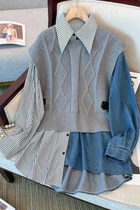 Autumn Winter Denim Striped Patchwork Blouse+knitted Vest Tops Korean Casual French Vintage Blouses 4xl Women Tops