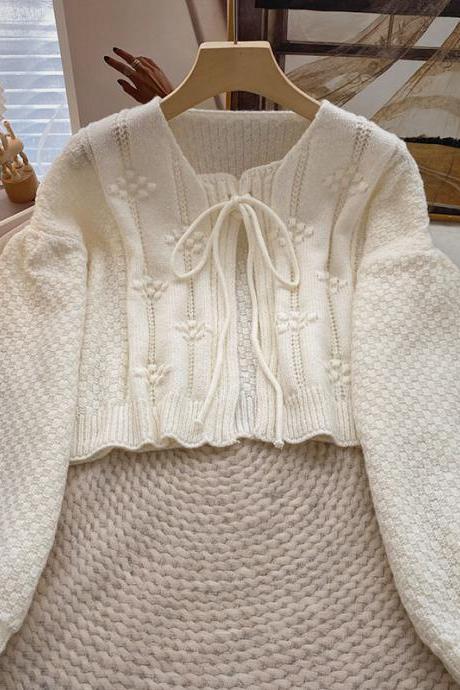 Women Cardigan Korean Style Knitted Cardigan With Lace-up Casual Loose Ladies Sweater Jackets All-matched Apricot Ladies Tops