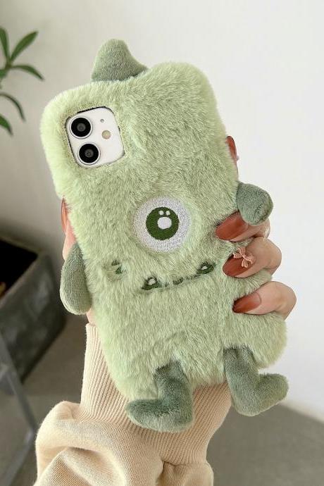 Cute Ears Green Little Monster Fur Plush Phone Case For Iphone 11 13 12 14 Pro Xs Max X Xr 7 8 Plus Se Warm Soft Silicone Cover