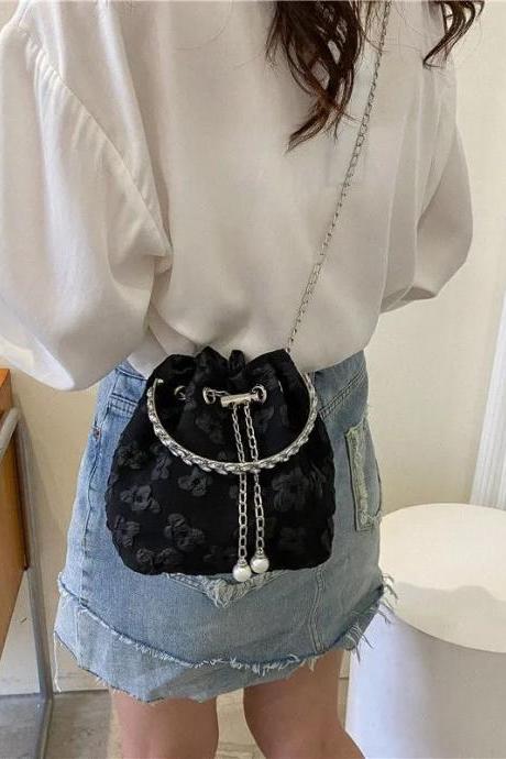 Elegant Women Bucket Bag Fashion Korean Style Summer Crossbody Bag Black Chain Summer Fashion Designer Bags