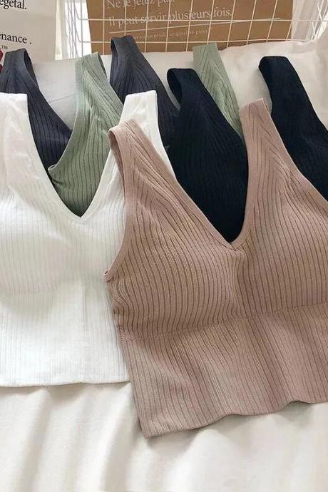 Ribbed Tank Tops Sexy Crop Vest Solid Harajuku Korean Female Off Shoulder Knitted V Neck Khaki White Summer Women Short Tops