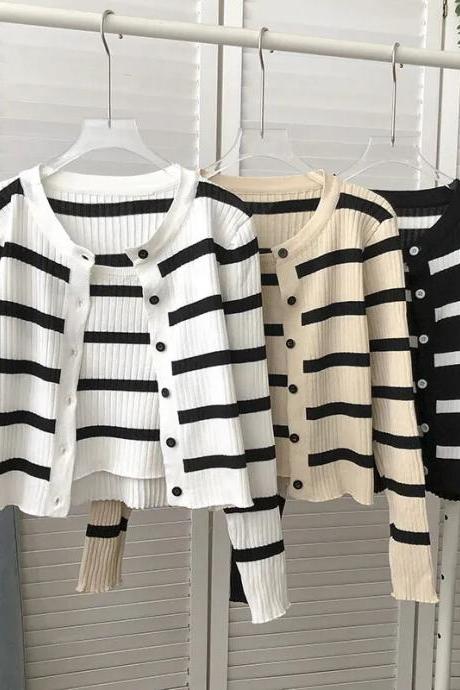 Women&amp;#039;s Striped Knitting Cardigan Single Breasted Long Sleeved Sweater+spaghetti Straps Vest Spring Autumn Korean Top 2pcs