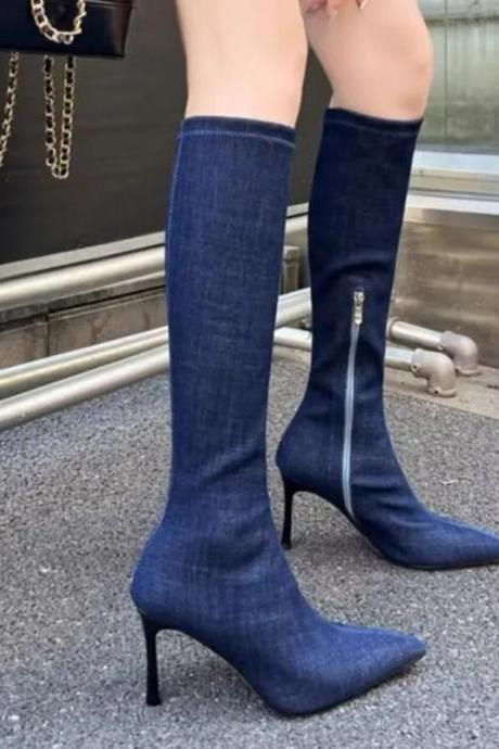 Pointed Toe Women's Boots Blue Denim High Heels Mid-calf Boots