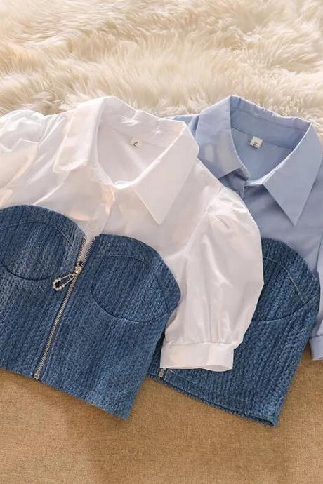 Y2k Women Puff Sleeve Shirts Summer Fashion Cropped Patchwork Female Tops Korean Zipper All Match Student Shirt