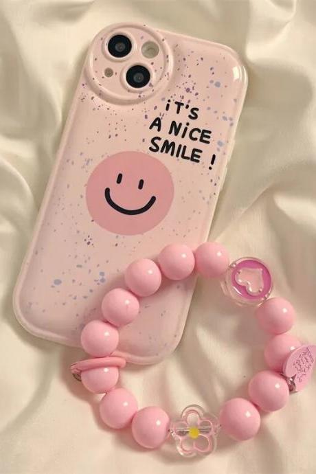 Pink Spotted Smiley Face Phone Case For Iphone 14 Plus 7 8 X Xs Xr 11 12 13 Pro Max Silicone Cases Cover With Chain