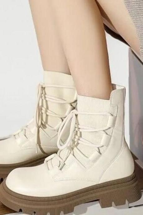 Women's British Style Platform Boots Autumn Lace-up Round Head Shoes Solid Colour Lightweight Non-slip High Heels