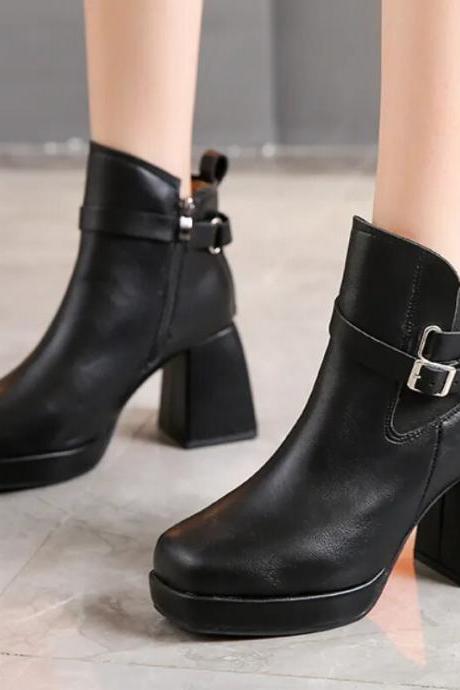 High Quality Shoes Female Side Zipper Women Boots Winter Square Toe Solid Middle Tube Chunky Heel Large Size Fashion Boots