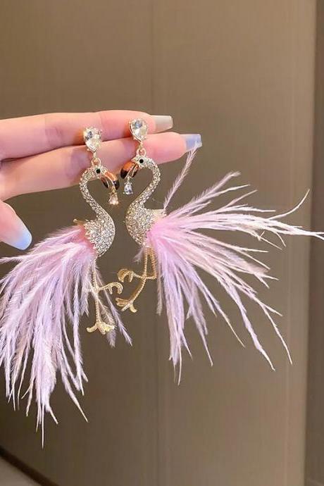 Gold Color Bird Drop Earrings For Women Korean Style Pink Feather Rhinestone Dangle Earrings Fashion Jewelry Accessories