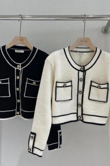 Black White Korean Style Cropped Cardigan Women Spring Vintage Long Sleeve Sweater Jacket Elegant Crew Neck Knitted Tops
