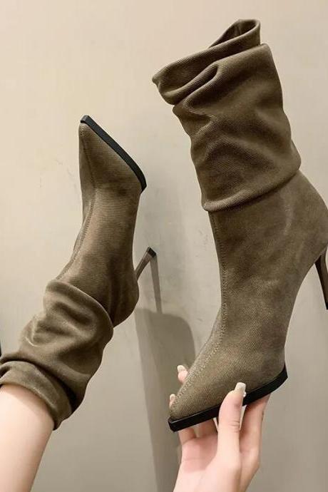 Winter Fashion Pionted Toe Thin Heel Women's Boots Mid Calf Solid Stretch Boots Ladies
