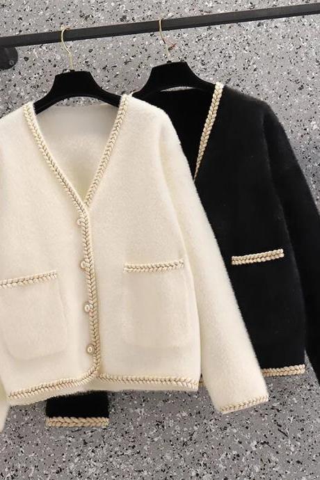 V-neck Solid Color Mink Velvet Top Cardigan Women&amp;#039;s Autumn And Winter Korean Style Loose Fashion Elegant Casual Sweater Coat