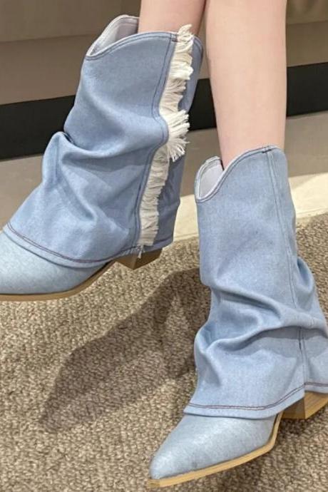 Hot Sale Autumn Turned-over Edge Slip on Women's Boots Mixed Colors Pointed Toe Mid Heel Fashion Boots