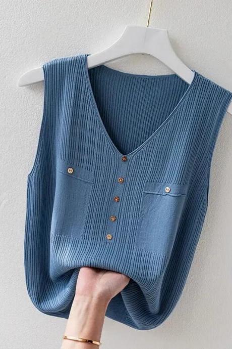 Tank Top Elegant Sleeveless Knitting Blue Loose Camis Corset Summer Women's Tube Top Aesthetic Clothing Korean