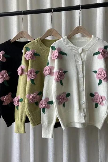 Woman Sweater Autumn and Winter New Retro Knit Sweater Female Rose Flower Embroidery Contrast Loose Sweater Coat Cardigan
