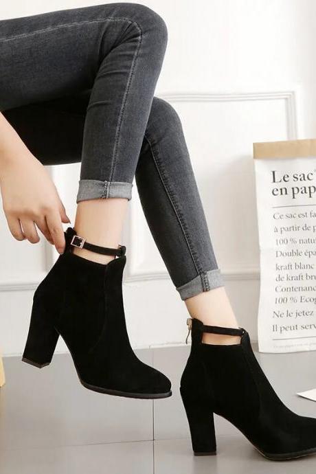 Women Plus Size Ankle Boots Korean Style Chunky Heel Back Zipper High Heels Solid Color Leisure Comfort Shoes