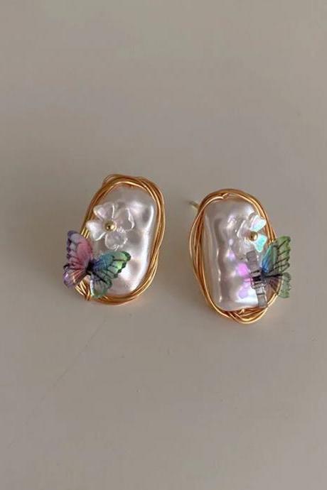 Korean Retro Simple Irregular Pearl Butterfly Flower Stud Earrings For Women Fashion Geometric Luxury Jewelry
