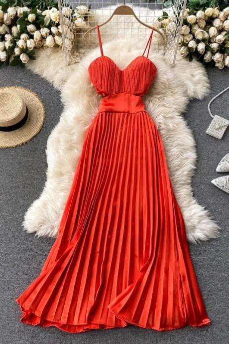 Red/yellow/black Sexy Spaghetti Strap Dress Women Elegant Hollow Out High Waist Pleated Vestidos Female Party Robe