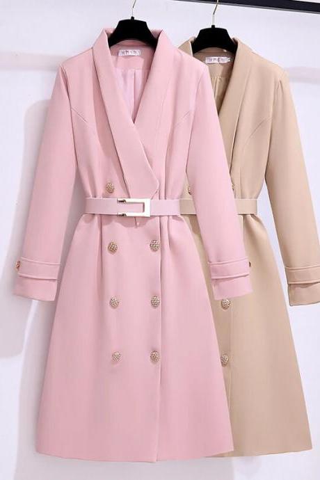 Korean Pink Long Coat Jackets For Women Spring Autumn Elegant Fashion Slim Long Sleeves And Belt Casual Female Clothing