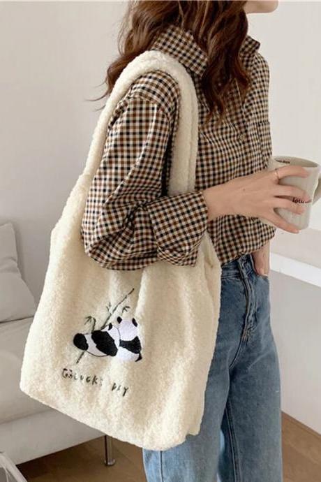 Warm Plush Fabric Women Shoulder Bag Cute Panda Handbag Tote Large Capacity Embroidery Shopping Bag Cloth Book Bags For Girls