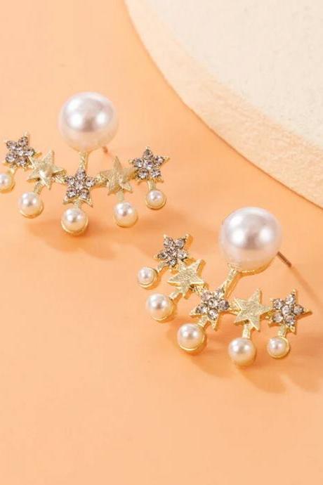 Crystal Star Stud Earrings Claw Flower Shape Women Small Earrings Simulated Pearl Beads Petals Korean Ear Jewelry