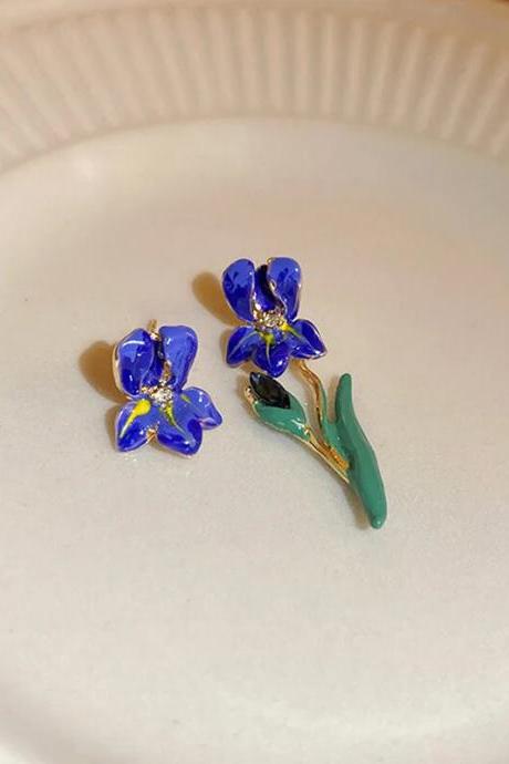 Korean Asymmetric Oil Dropping Orchid Flower Earrings Fashion Elegant Simple Earrings Women&amp;#039;s Jewelry