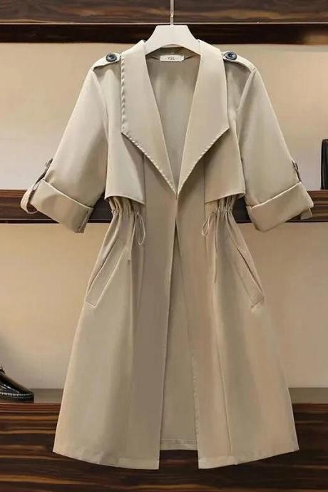 Womens Khaki Black Thin Trench Coat Female Korean Style Outerwear No Button Mid Length Jacket Elegant Windbreaker Cardigans