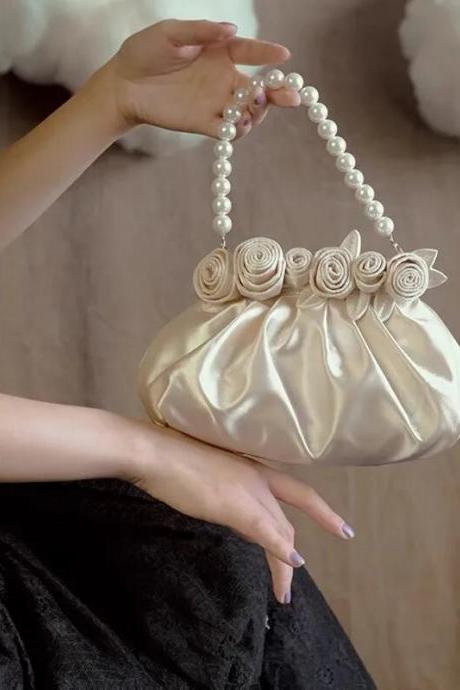 Advanced Ynthetic Pearl Top-handle Women Silk Flowers Bucket Bag Evening Purses And Clutches Formal Wedding Handbags