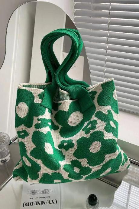 Spring Summer Green Red Flower Y2k Style Bright Color Cute Large Shoulder Bag Women's Fashion Tote Knit Handwoven Korean Street