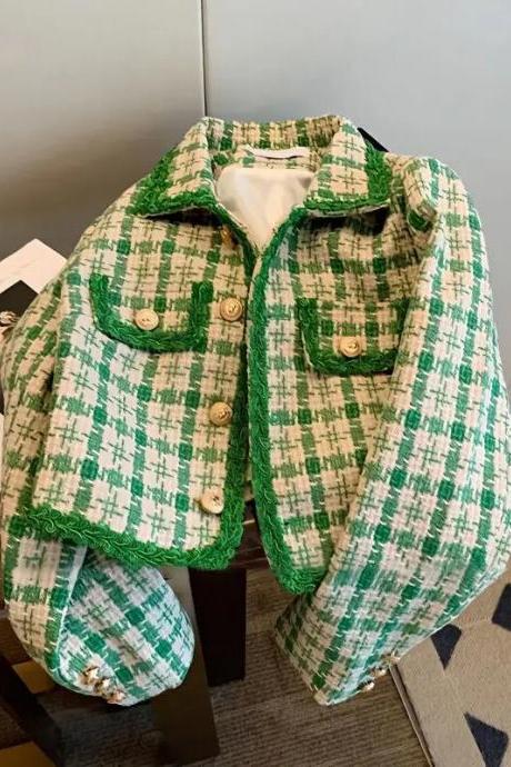 Green Temperament Tweed Jacket Turndown Collar Women Cropped Autumn Fashion Korean Style Winter Tassel Coat Outerwear Tops