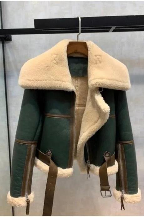Fashion Green Short Jacket Winter Warm Suede Lined Women's Coat Korean Winter Thick Jacket Women's Warm Coat