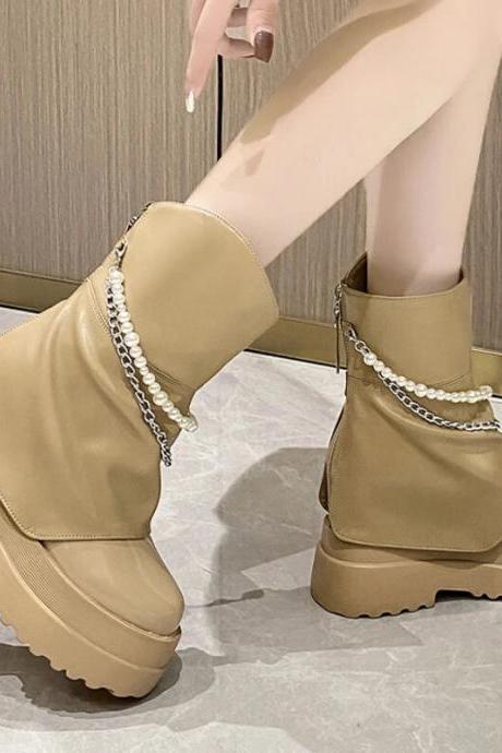 Winter Women&amp;#039;s Boots Solid Color Round Toe Turned-over Edge Beaded Chain High Heels Water Proof Shoes Women