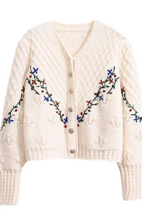 Flower Embroidery Cardigan Women Korean Fashion Vintage V Neck Knitted Sweater Coat Ladies Sweet Knitwear Autumn Winter