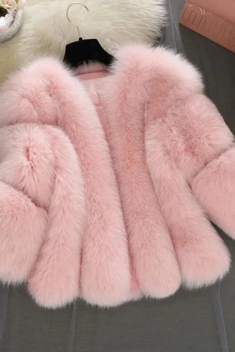 Winter Women Thick Warm Pink Fur Coat Fashion Faux Fox Fur Coat Female Three Quarter Sleeve Artificial Fur Fluffy Jacket