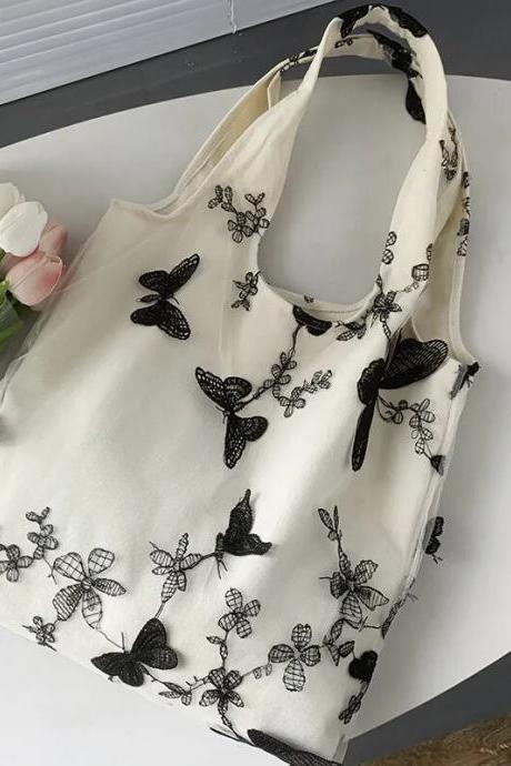 Canvas Tote Bags For Women Cute Embroidery Handbags Girls Fashion Casual Large Capacity Shoulder Bag Lace Mesh Shopping Bag