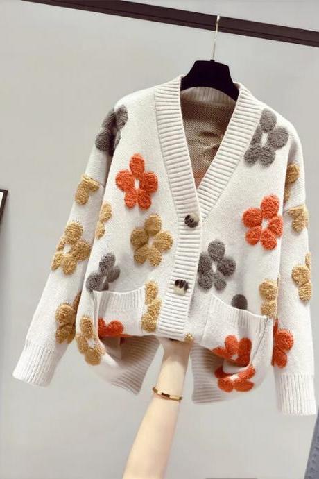 Spring And Autumn Fashion Women's Knitted Long-sleeved V-neck Sweater Cardigan Jacket Women Loose Western Style