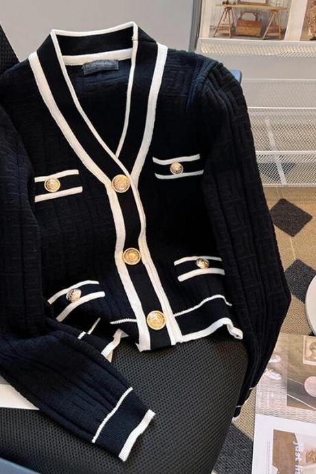Spring Autumn Korean Style V-neck Vintage Cardigans Black And White Color Blocking Jacquard Knitted Cloud Sweather Jacket Female