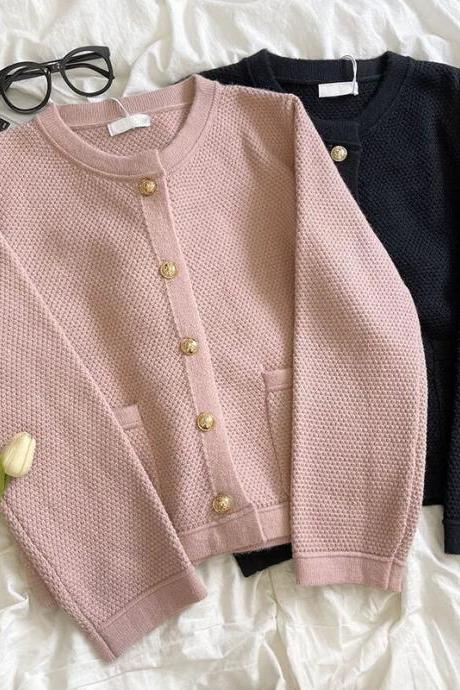 Retro Girls Pink Sweater Exquisite Button Round Neck Autumn Loose Versatile Texture French Style Elegant Solid Knitted Cardigan