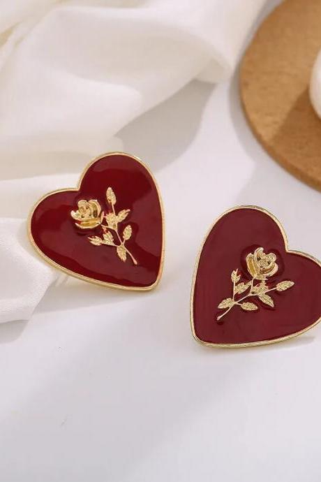 Korean Red Enemal Heart Stud Earrings Female Romantic Print Rose Flower Lovely Temperament Wild Ear Jewelry Gift