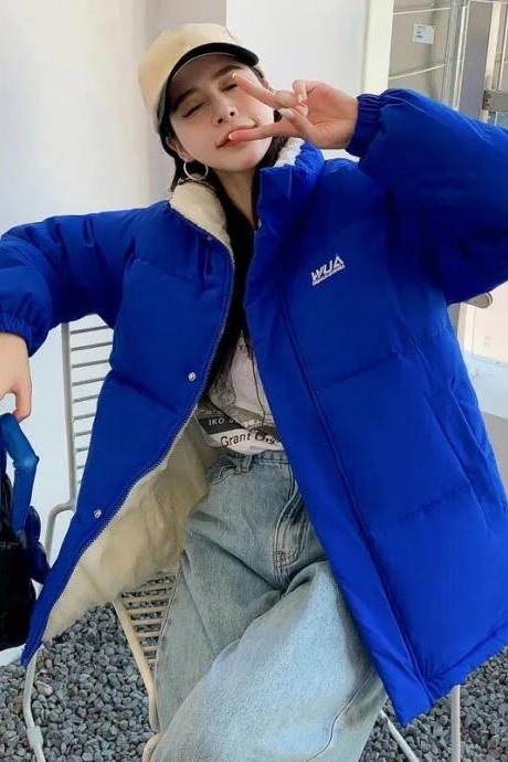 Women Two-sided Wear Winter Parkas Korean Fashion Thick Warm Fleece Jacket Blue Long Sleeve Down Cotton Coats