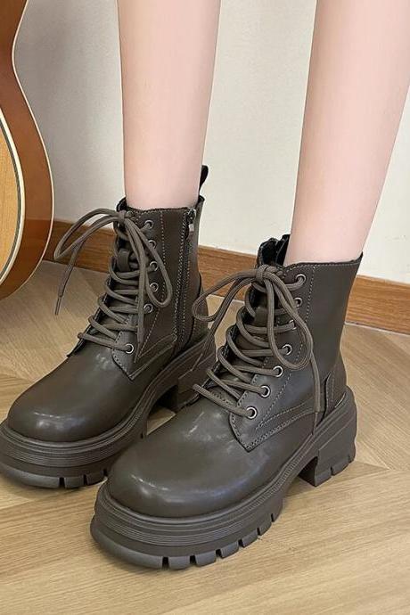 Non Slip Ankle Women&amp;#039;s Boots Platform Modern Boots Women Zip Round Toe Lace Up Fretwork Heel Shoes Female
