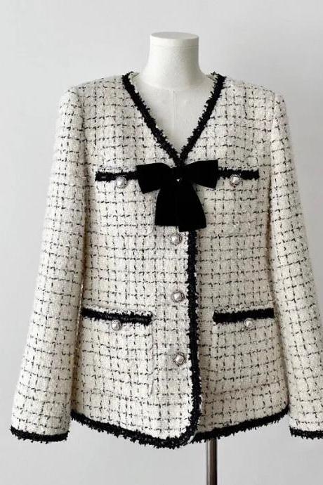 Women Autumn Winter V-neck Bow Plaid White Tweed Coat Loose Casual O Neck Vintage Sweet Small Fragrance French Fashion Jacket