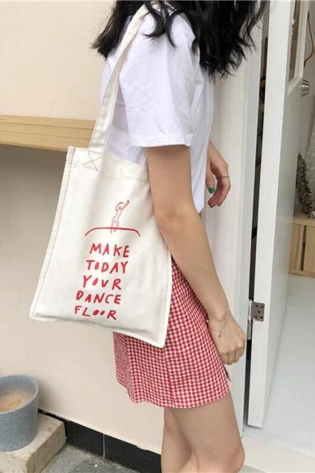 Women's Korean Simple Handbag Red Letter Printing Art Reusable Shoulder Bags Summer Ladies Canvas Book Shopping Totes Bag