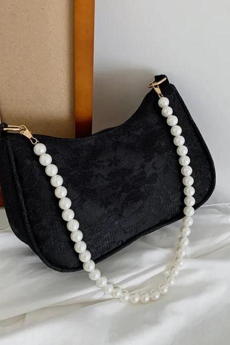 Elegant Noir Pearl-strap Handbag