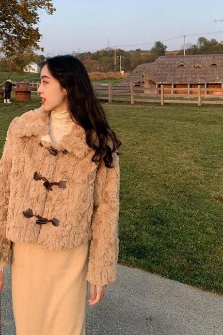 Fur Jackets For Women Korean Fashion Style Women Splicing Single Row Horn Buckle Faux Fur Coat Wool Coat