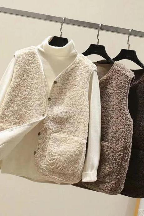 Lamb Plush Vest Women's Autumn Winter Short Korean Style Single Breasted Top Solid Versatile Loose Vest Sweater Coat