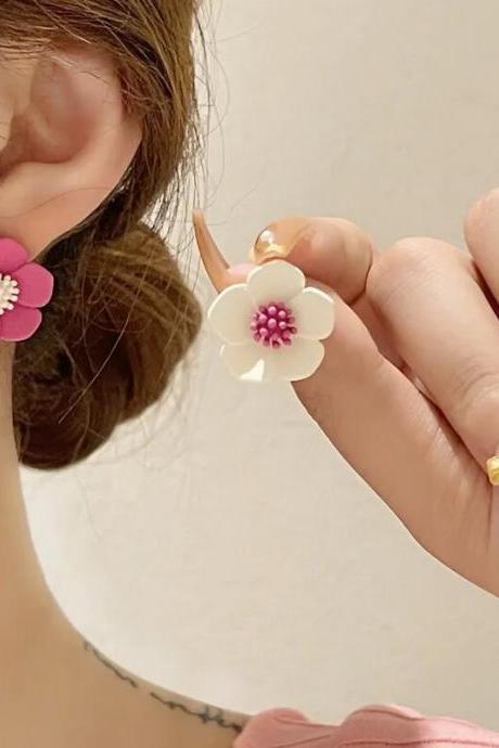 Acrylic Trendy Sweet Pink And White Contrasting Colors Earrings For Women Girls Korean Flower Earrings Travel Party Jewelry Gift