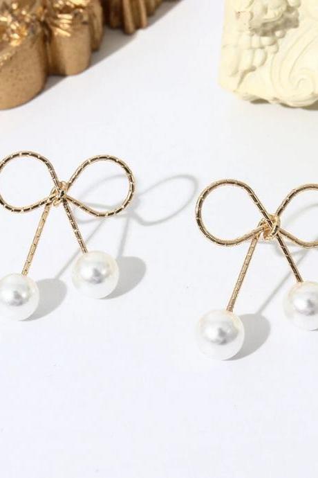 Korean Hollow Bowknot Stud Earrings For Women Irregular Pearl Ball Sweet Girls Small Earrings Gold Color Metal Knot Earrings