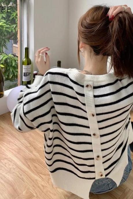 Pullover Women Button O-neck All-match Striped Sweater Knitted Lazy Tender Minimalist Leisure Female Cozy Korean Style College
