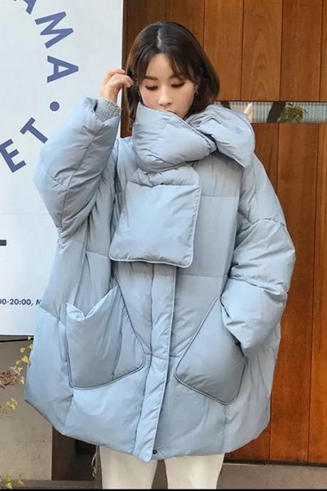 Winter Scarf Oversized Down Jacket Women Baggy Puffer Coat Round Neck Loose Thick Long Parkas Female Warm Snow Outwear
